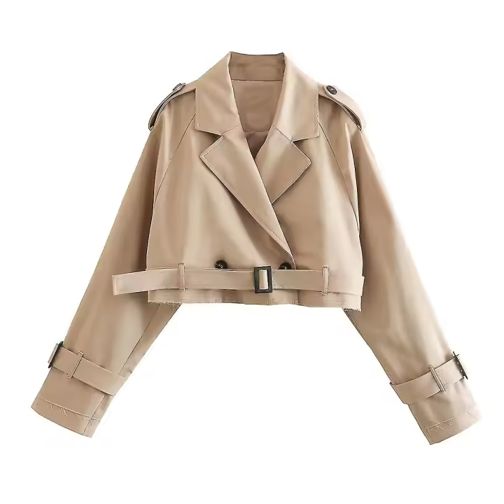Gabardina recortada de color caqui para mujer, chaqueta de diseño recortada de manga larga, abrigos holgados informales elegantes para mujer, Top femenino nuevo BSSM - 1