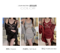 Satén sedoso jacquard encaje sexy puro halter dividido camisón bata conjunto de hogar para mujer - details 6