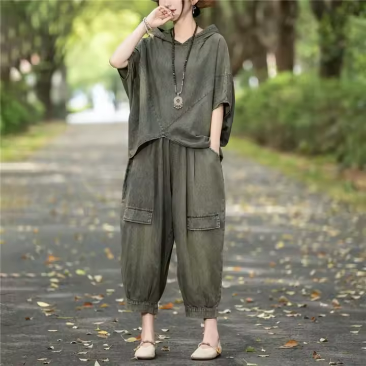 Conjunto Casual de Verano Oversize Tops con Capucha Pantalones Holgados Elásticos Estilo Vintage - 1