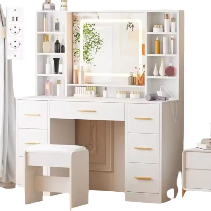 Tocador de Maquillaje Iluminado con LED Ajustable en 3 Colores Tocador Blanco Moderno con Espejo y Taburete 7 Cajones, 4 Estantes Abiertos - 1