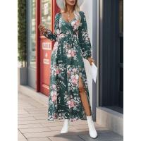Vestidos elegantes de moda con cuello en V y mangas primavera otoño nuevo vestido largo estético con flores para mujeres calientes - details 21