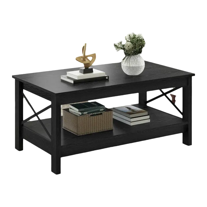 Mesa de Centro Negra con Estante de Almacenamiento, Modernas Mesas de Centro en Forma de X para Sala de Estar, Pequeña Mesa de Centro de Cóctel de Madera Más Gruesa de 2 Niveles - 1