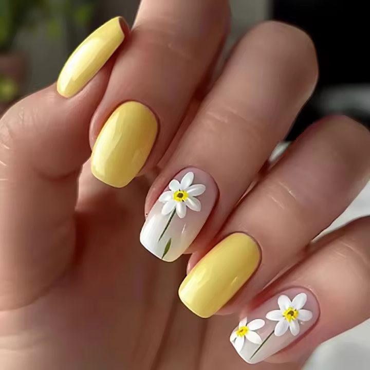 24 Piezas De Arte De Uñas En Forma De Flor Amarilla Y Minimalista De Tamaño Mediano a Largo Estilo Fresco Y Moderno Para Oficina - 1