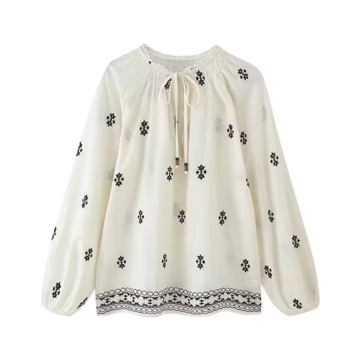 Blusa de Encaje Vintage 2025 Manga Larga, Cuello Redondo, Bordado para Mujeres - 1