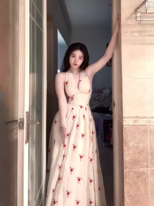 Top halter floral con cuello en V para mujer, perfecto para las vacaciones de verano en la playa, con cintura ceñida y vestido formal de corte A con gran swing, - 1