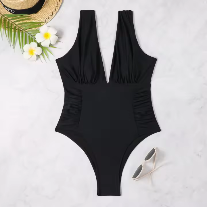 Traje de baño sexy de una pieza con cuello en V para mujer, color sólido, multicolor - 1