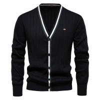 Suéter de manga larga con cuello en V para hombre, chaqueta de punto acanalada de color en contraste de moda - details 4