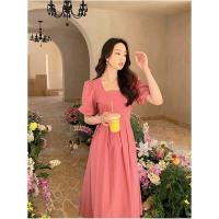 Vestido rosa elegante de verano a la moda con cuello cuadrado y manga abombada, Vestidos femeninos con volantes, vestido de fiesta de cintura alta de Corea, Vestidos para mujer - details 8