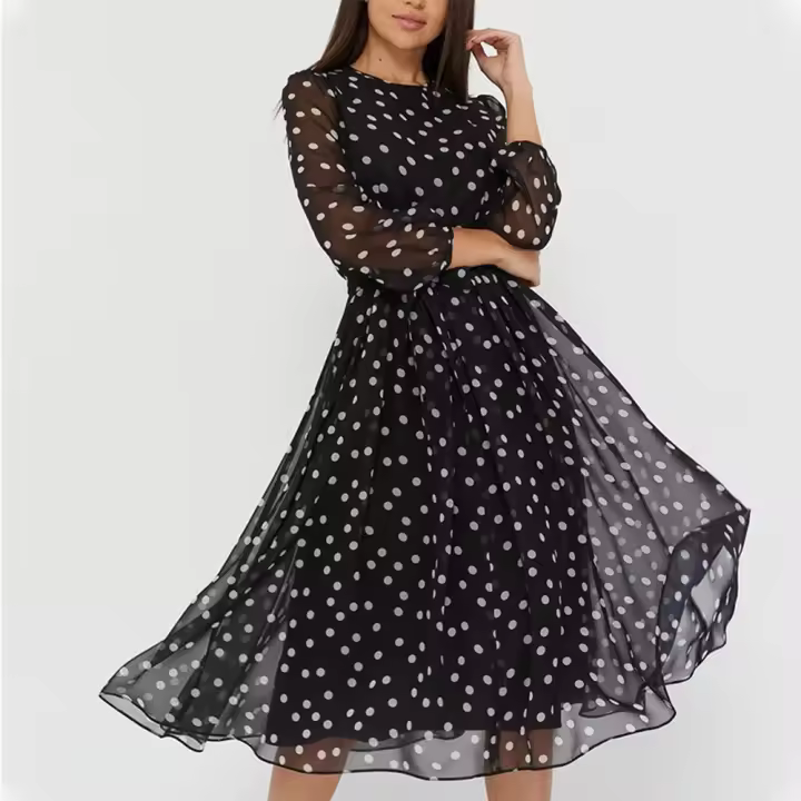 Vestido midi bohemio de gasa con estampado floral, cintura elástica, cuello redondo, informal, para fiesta de verano - 1