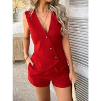Conjunto de Moda de Verano Casual Estilo Sólido para Mujer con Botón de Chaleco Pantalones Cortos Traje - details 11