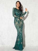 Vestido de fiesta modesto y elegante de noche con lentejuelas elásticas de manga larga hasta el suelo con cuello redondo - details 3