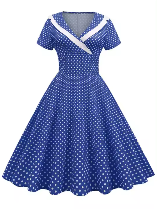 Vestido midi de línea A informal y elegante con cuello y manga corta para fiesta de lunares de verano para mujer - 1