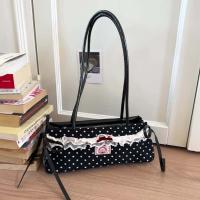 Bolso de mano francés dulce que combina con todo, bolso de mano con lazo de gran capacidad, bolsos para axilas de lunares, bolso de hombro de PU de encaje de estilo coreano, escuela - details 11