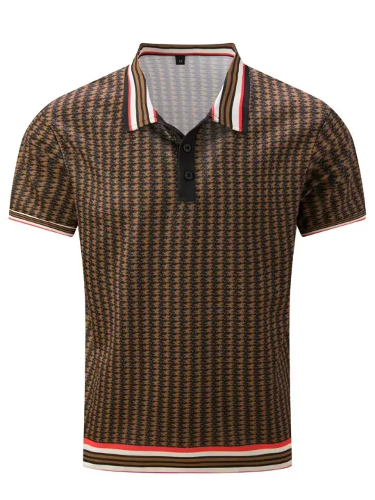 Camiseta de pata de gallo para hombre, Polo de manga corta con botones de bloque de Color - 1