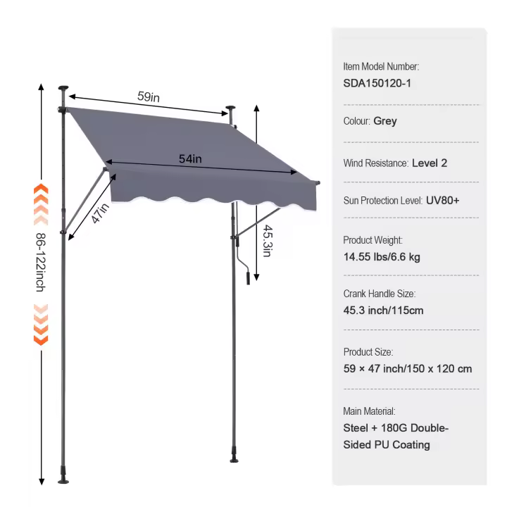 SucceBuy Toldo de patio retráctil, con manivela manual. Altura ajustable. Toldo para patio al aire libre, adecuado para patio, balcón, patio. - 1