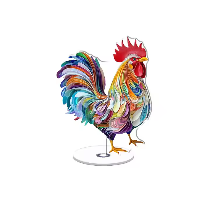 Adorno acrílico giratorio con un colorido gallo realista con plumas detalladas y una expresión orgullosa sobre un fondo blanco. - 1