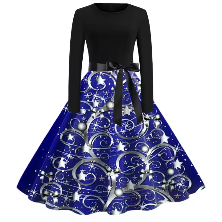 Invierno con estampado de purpurina navideña para mujer, elegante, caprichoso, cuello redondo, manga larga, corte en A, ideal para volar - 1