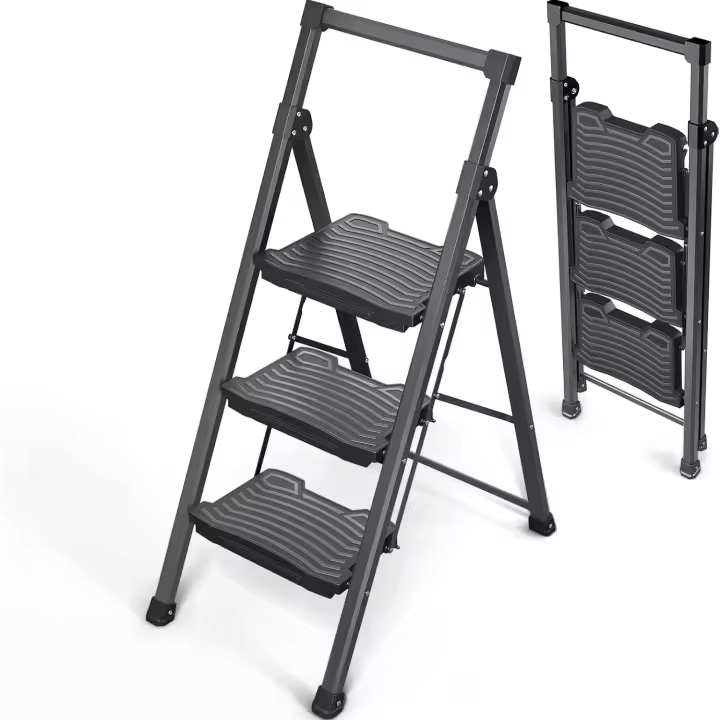 Escalera Plegable de 3 Peldaños Capacidad de 400 kg con Pedales Antideslizantes Anchos, Barandilla, Escalera de Tijera de Acero, Escalón Taburete para Hogar Cocina Oficina, Negro - 1