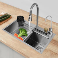 Fregadero de cocina doble integrado, fregadero de acero inoxidable con cascada, 4 modos de agua, 75x35x21 cm - details 17