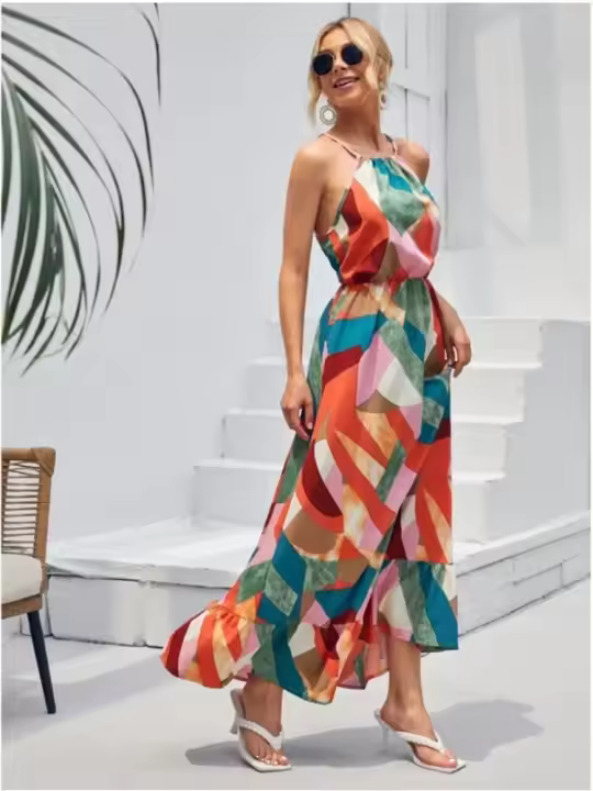 Vestido largo de fiesta de mezclilla con cuello halter para mujer, moda de baile, tren de verano sin mangas - 1