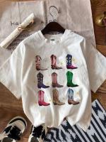 Camisetas con gráficos de botas occidentales para mujer, camiseta holgada bohemia, camisetas Hippie bonitas de vaquera, ropa femenina Vintage - details 2