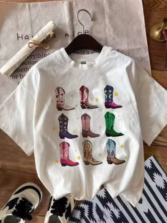 Camisetas con gráficos de botas occidentales para mujer, camiseta holgada bohemia, camisetas Hippie bonitas de vaquera, ropa femenina Vintage - 1
