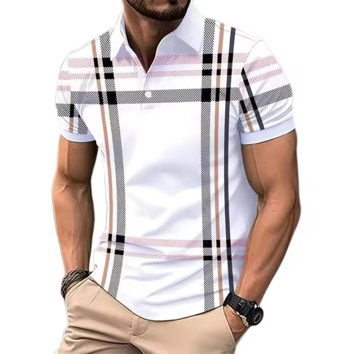 Polos para hombre, camisas de trabajo informales con solapa, manga corta, básico, moderno, lunares, botones de bloque de Color, camisa de Golf de corte Regular de verano - 1