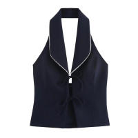 TRAFZA, camisetas sin mangas con espalda descubierta estilo callejero de verano para mujer, azul marino, cuello vuelto, sin mangas, lazo con cordones, chalecos de moda para mujer - details 1