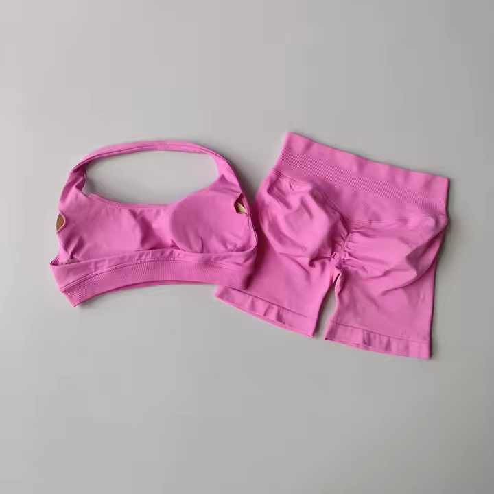 Traje de Yoga de 2 piezas para mujer, ropa de gimnasio de encaje perfecto, Sujetador deportivo Halter, pantalones cortos de impacto a juego, conjuntos de entrenamiento, equipo de gimnasio - 1