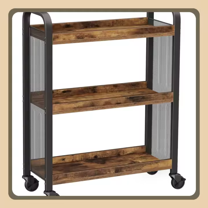 Cowjag Carrito de Cocina Estrecho, Carrito Auxiliar con Ruedas, Ahorro de Espacio, Estantería de Cocina con Estructura de Hierro, Color Marrón Rústico, 66 x 26 x 85 cm - 1