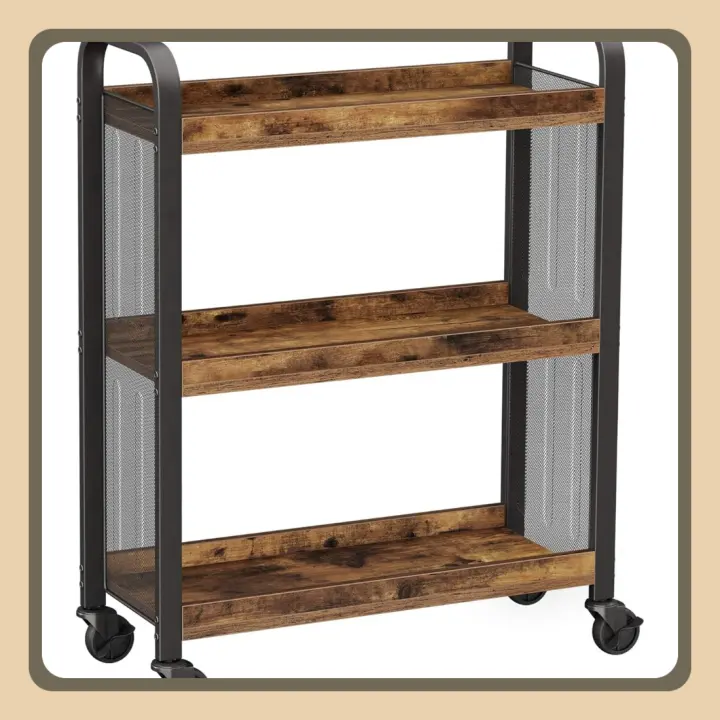 Cowjag Carrito de Cocina Estrecho, Carrito Auxiliar con Ruedas, Ahorro de Espacio, Estantería de Cocina con Estructura de Hierro, Color Marrón Rústico, 66 x 26 x 85 cm - 1