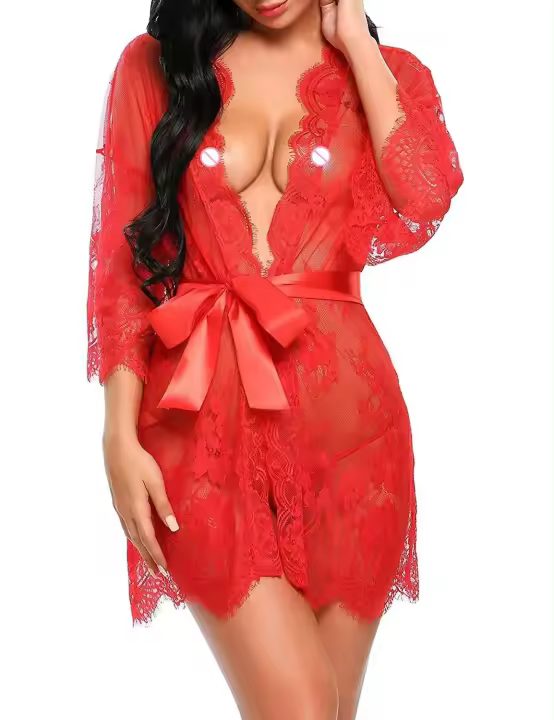 Camisón transparente con cuello en V para mujer, lencería Sexy porno, picardías de encaje, ropa de dormir erótica, bata, Tanga, disfraz - 1