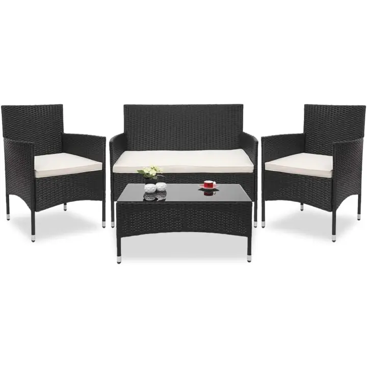 Conjunto de jardín exterior/muebles de jardín exterior con 2 sillones, 1 sofá y 1 mesa baja de plástico - 1