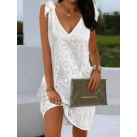 Vestidos elegantes con cuello en V, bordado con ojales, detalle atado, sin mangas, Mini vestido recto, moda de vacaciones, vestido de verano - details 4