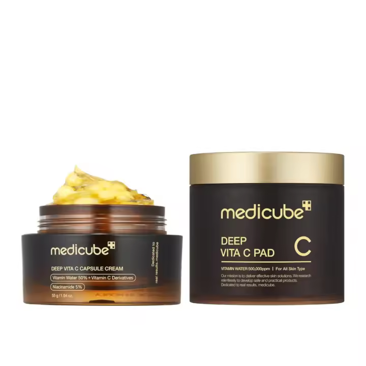 medicube Glass Skin Duo para pieles irregulares: Vita Facial Pads y Deep Vitamin C Golden Capsule Face Moisturizer - 1