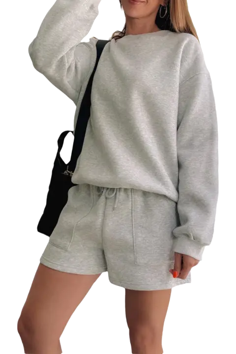 Elrachen Conjunto de 2 piezas de sudadera y pantalones cortos lisos de color gris claro para mujer, gris claro, tallas S-XL - 1