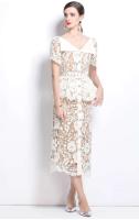 Calidad verano con cuentas Dias bordado Beige blanco encaje vestido de noche mujeres manga corta volante Peplum Midi vestidos de graduación largos - details 7