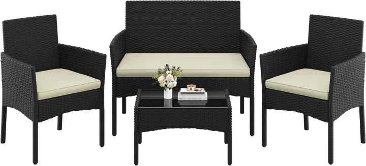 Conjunto de Muebles de Jardín Ratán 4 Piezas, 1 Sofá, 2 Sillones con Cojines, 1 Mesa de Vidrio - 1