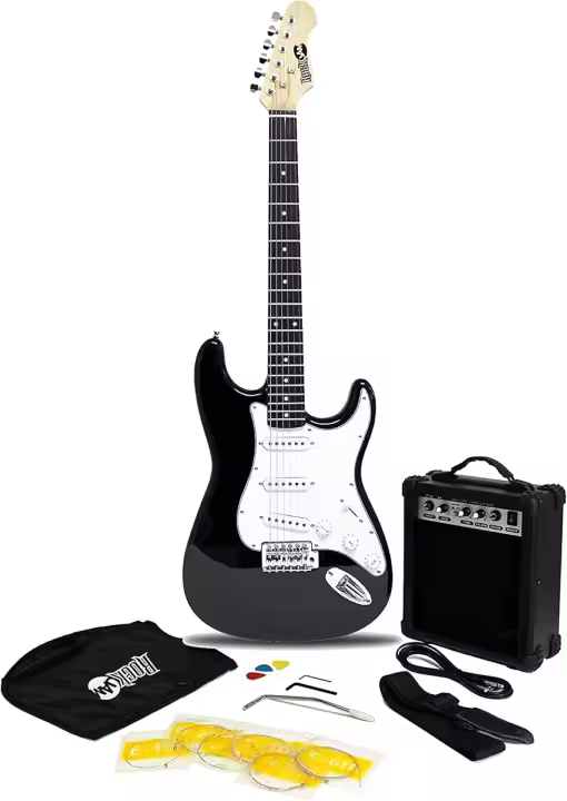 Kit de guitarra eléctrica de tamaño completo con amplificador de 10 vatios, clases, correa, bolsa de transporte, púas, golpe, plomo y cuerdas de repuesto, color rojo - 1