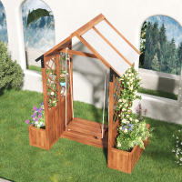 Jardinera, columpio de exterior, jardinera con enrejado como ayuda para trepar, con toldo de policarbonato para el sol. Jardinera con caja de flores, de madera maciza marrón, adecuada para jardín, patio y terraza. - details 2