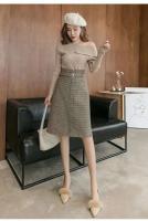 Falda Agujera de Cintura Alta y Adelgazante MOUKYUN Estilo a Cuadros de Lana-Cuerno Midi con Cinturón Moda de Mujer - details 16