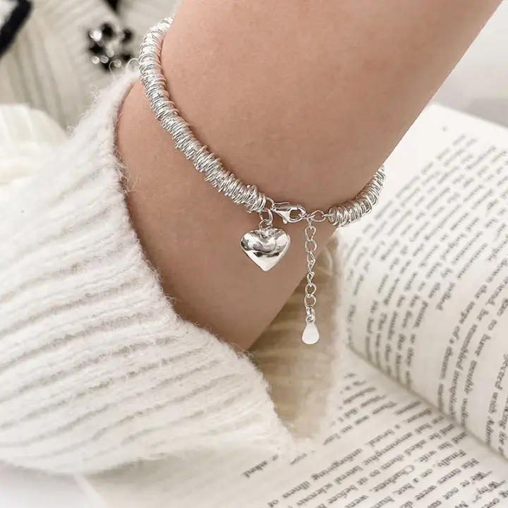 Nueva cadena de plata 925 con cuentas geométricas rosas Pulsera ajustable para mujer y niña - 1