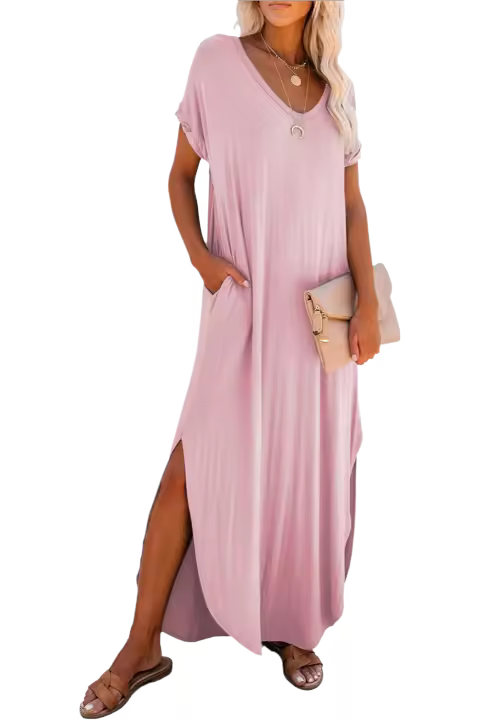 Elrachen Vestido camisero largo para mujer con cuello en V, bolsillos ocultos y aberturas, rosa, tallas S-XL - 1