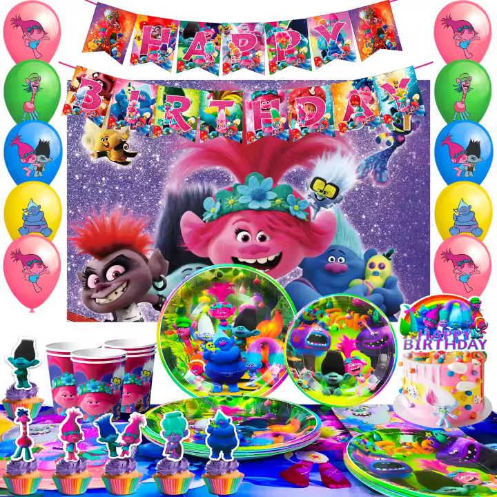 Suministros de decoración para fiestas de cumpleaños de Trolls, suministros para fiestas de Trolls Band Together, incluyen globos para decoración de pasteles de Trolls, pancarta, platos, servilletas, vasos, etc., decoraciones para fiestas de Trolls, para - 1