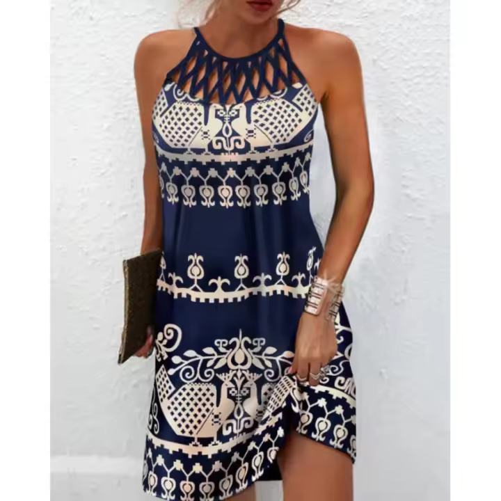 Vestido estampado sin mangas ajustado con cuello redondo y cuello hueco de verano - 1