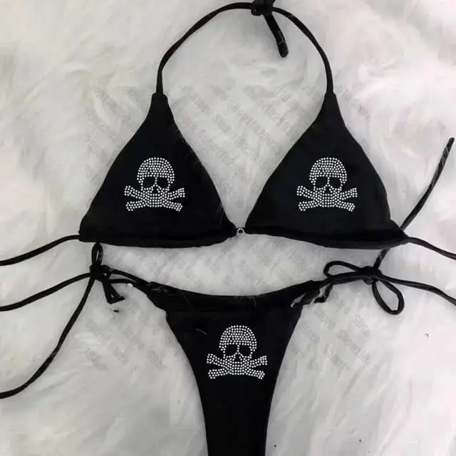 Conjunto de Bikini Y2K para mujer, traje de baño emo con calavera Rhies, sujetador con relleno Sexy, Tanga, traje de baño de dos piezas, ropa de playa - 1