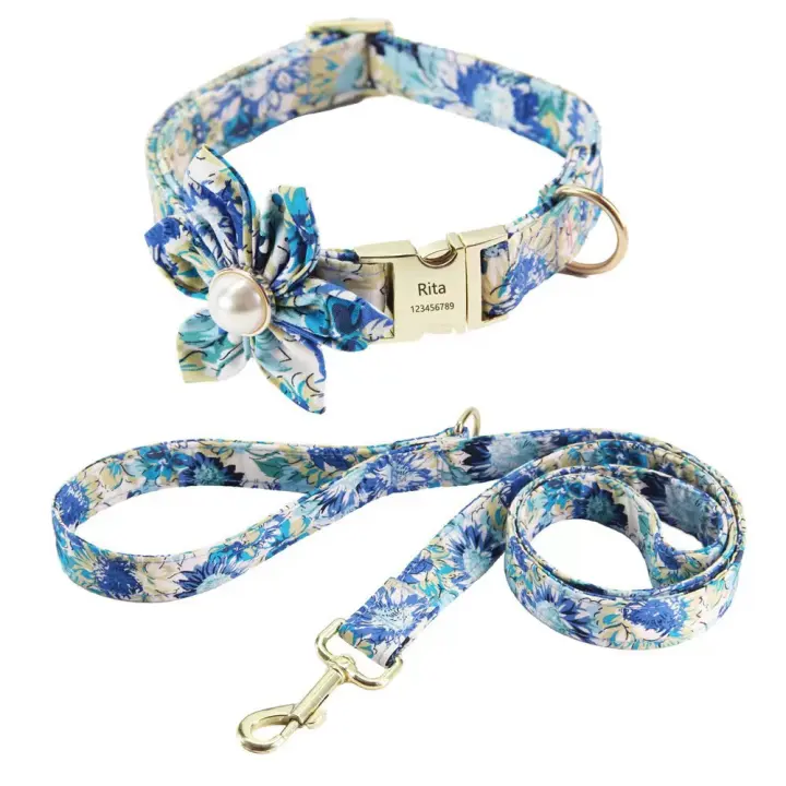 Collar para mascotas (cuerda + collar + diseño floral con cuentas-azul cielo L 2,5 (39-60CM) - 1