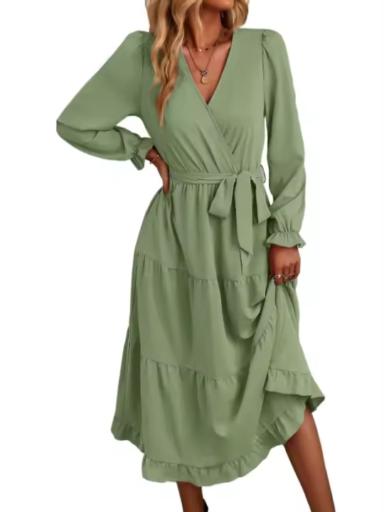 Elegante Vestido Largo de Manga Comprida para Mujer Color Sólido, Estilo A Línea, Belleza Elástica y Bonito - 1