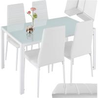 conjunto mesa y sillas de comedor, mesa con tablero de cristal de seguridad y 4 sillas de cocina tapizadas en cuero sintético, estructura de acero, sillas de comedor, conjunto de muebles de cocina - Blanco - details 0