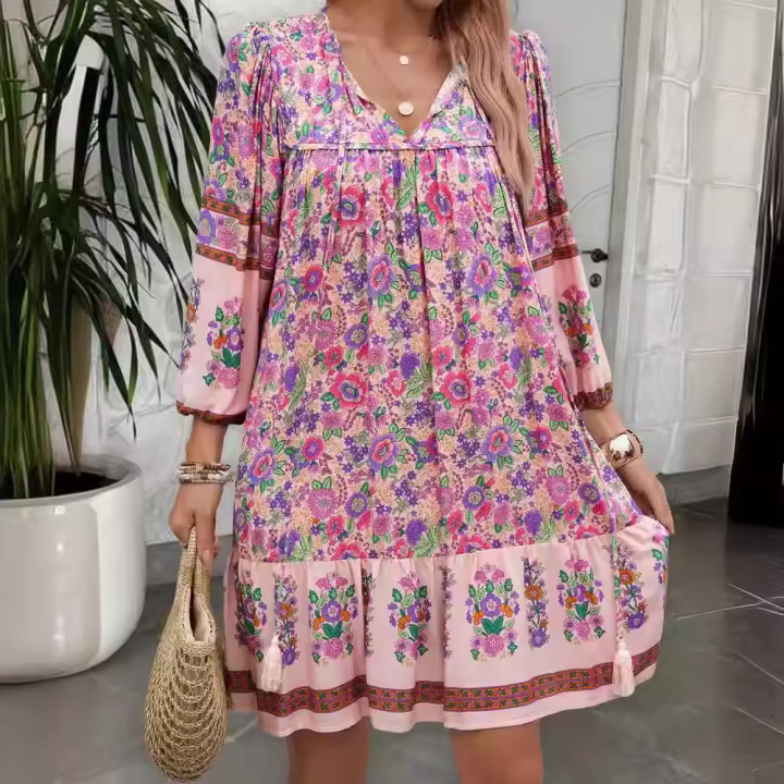 Vestido bohemio informal con cuello en V para mujer, primavera y verano, 2024 - 1